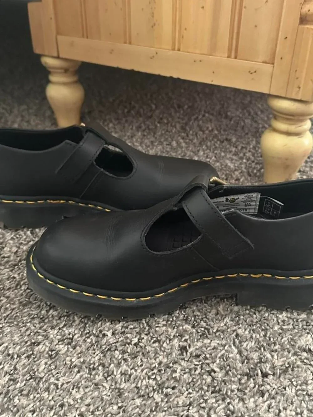 Dr. Martens Black Leather Mary Janes with Yellow Stitching